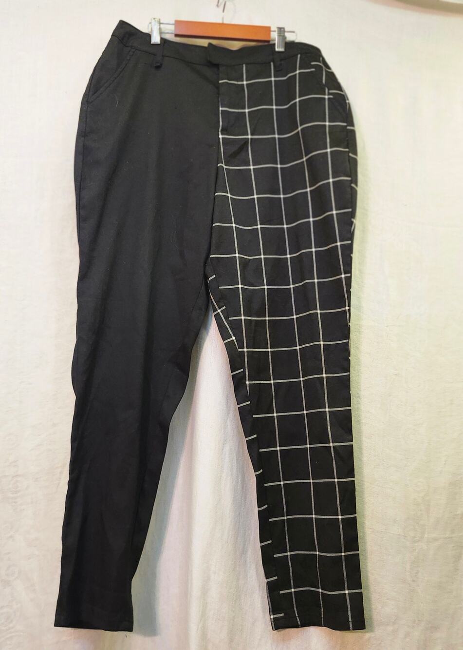 Hot Topic Sz XL Plaid Solid Black Mix Pant Elastic Back Flat Front Tapered Leg
